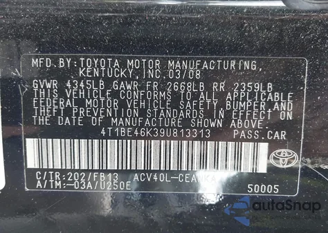 2009 Toyota Camry Le from USA, damaged, VIN 4T1BE46K39U813313